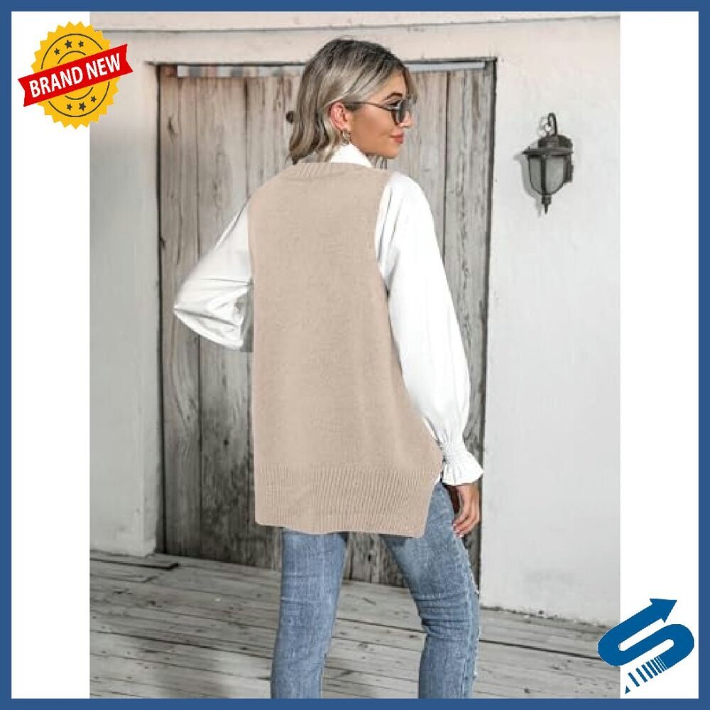 Oversized V-Neck Sweater Vest Sleeveless Knitted Pullover Fall Tops - Picture 6 of 8